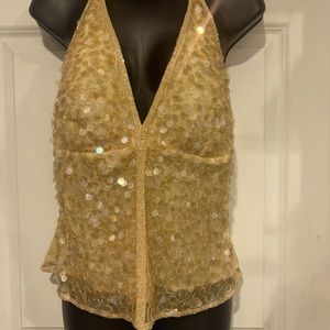 Sexy sequin /beaded halter top in gold. Lined.